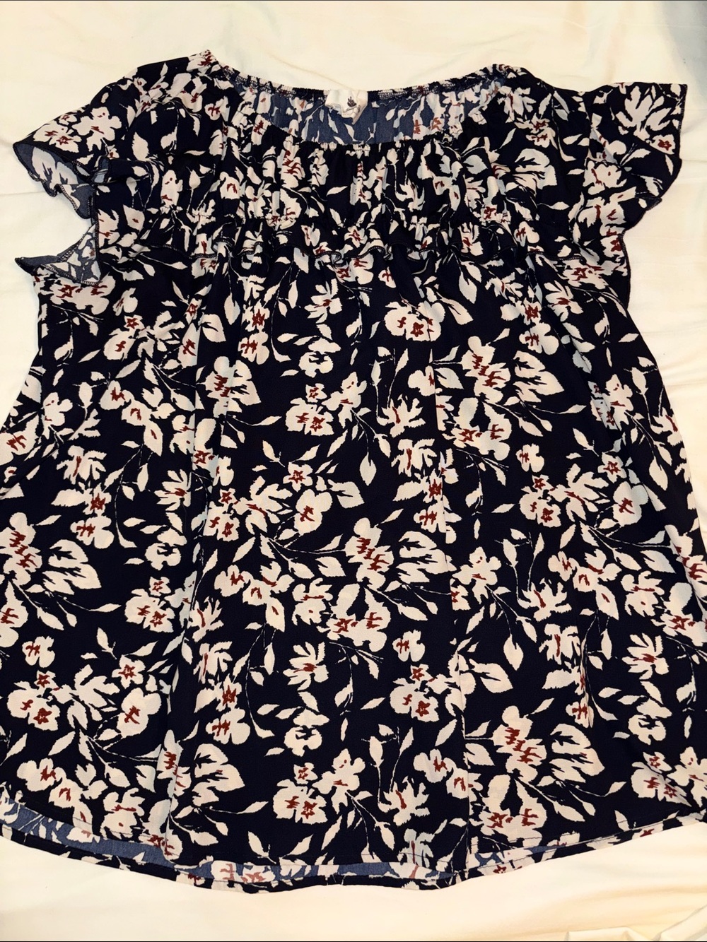 Navy Floral  Blouse - White & Rust Floral Print